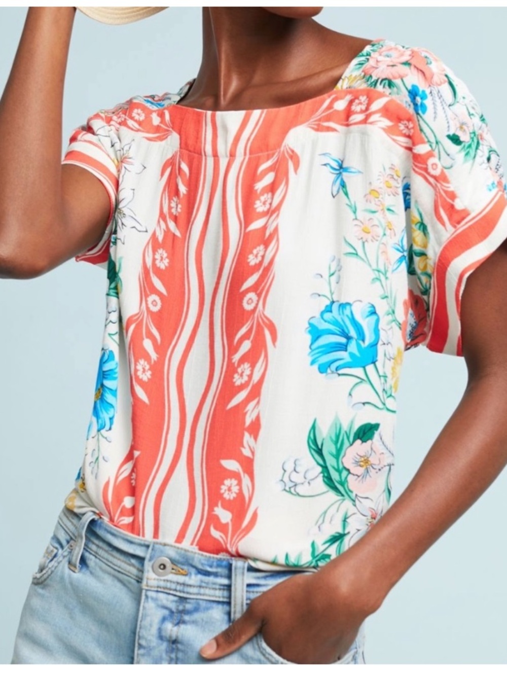 Anthropologie Coral & Blue Floral Stripe Floral Top